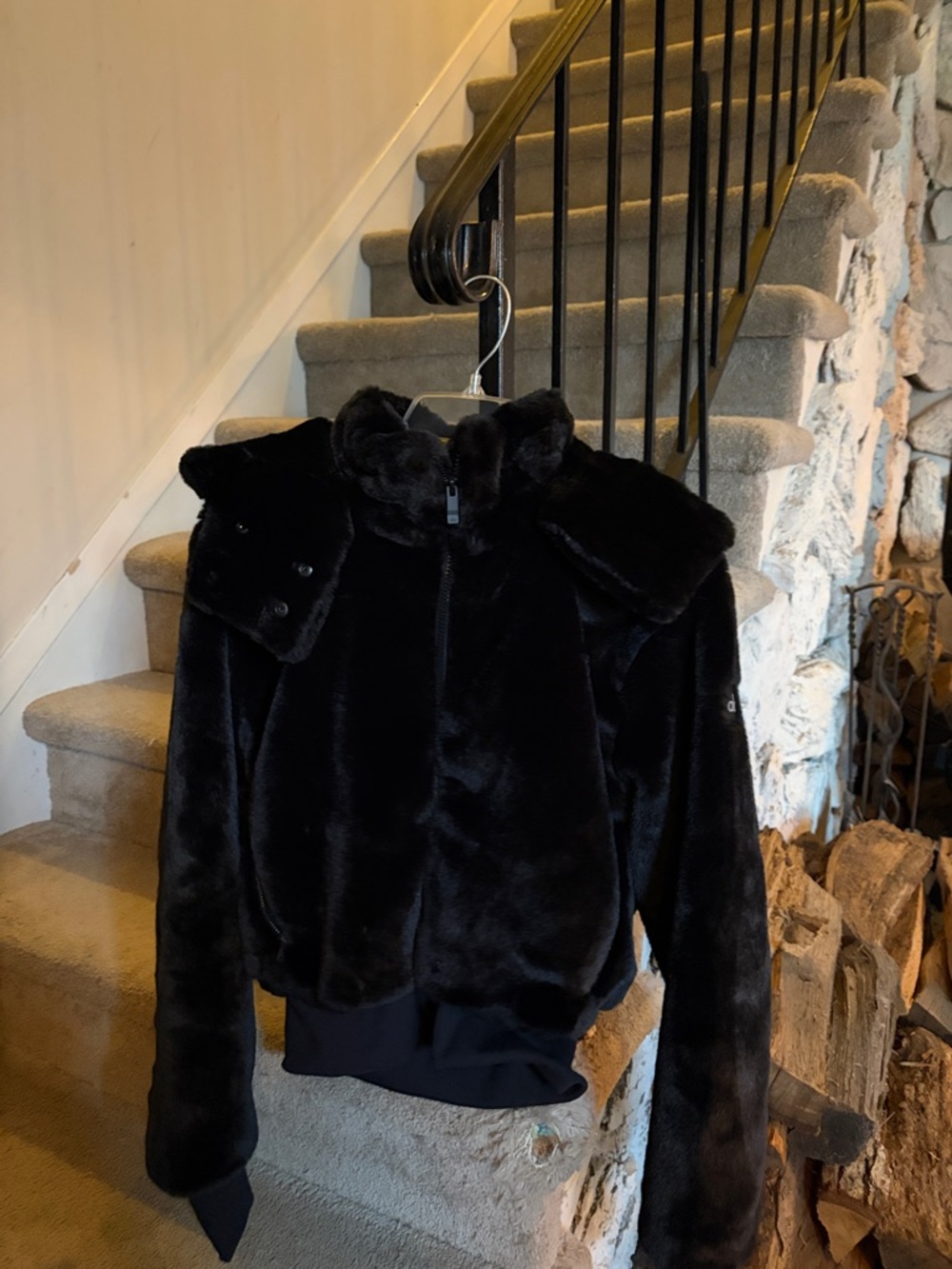 ALO Yoga Black Faux Fur Bomber Jacket